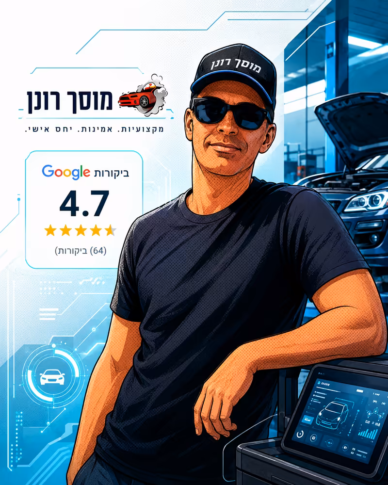 איור של רונן ארזי, בעלים ומכונאי ראשי במוסך רונן שירותי רכב בנס ציונה, לצד מכשיר דיאגנוסטיקה